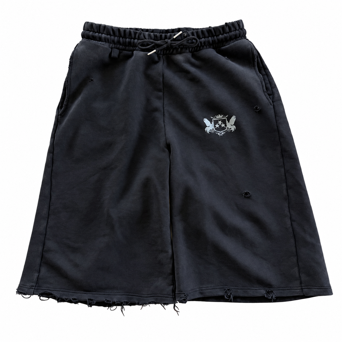 Sulfur Black distressed sweat shorts on a white background