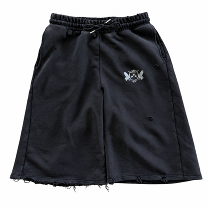 Sulfur Black distressed sweat shorts on a white background