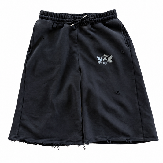 Sulfur Black distressed sweat shorts on a white background